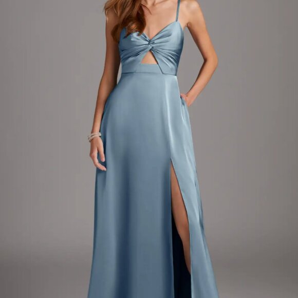 Azazie Jenna Dusty Blue A-Line Pleated Stretch Satin Dress - Picture 2 of 8